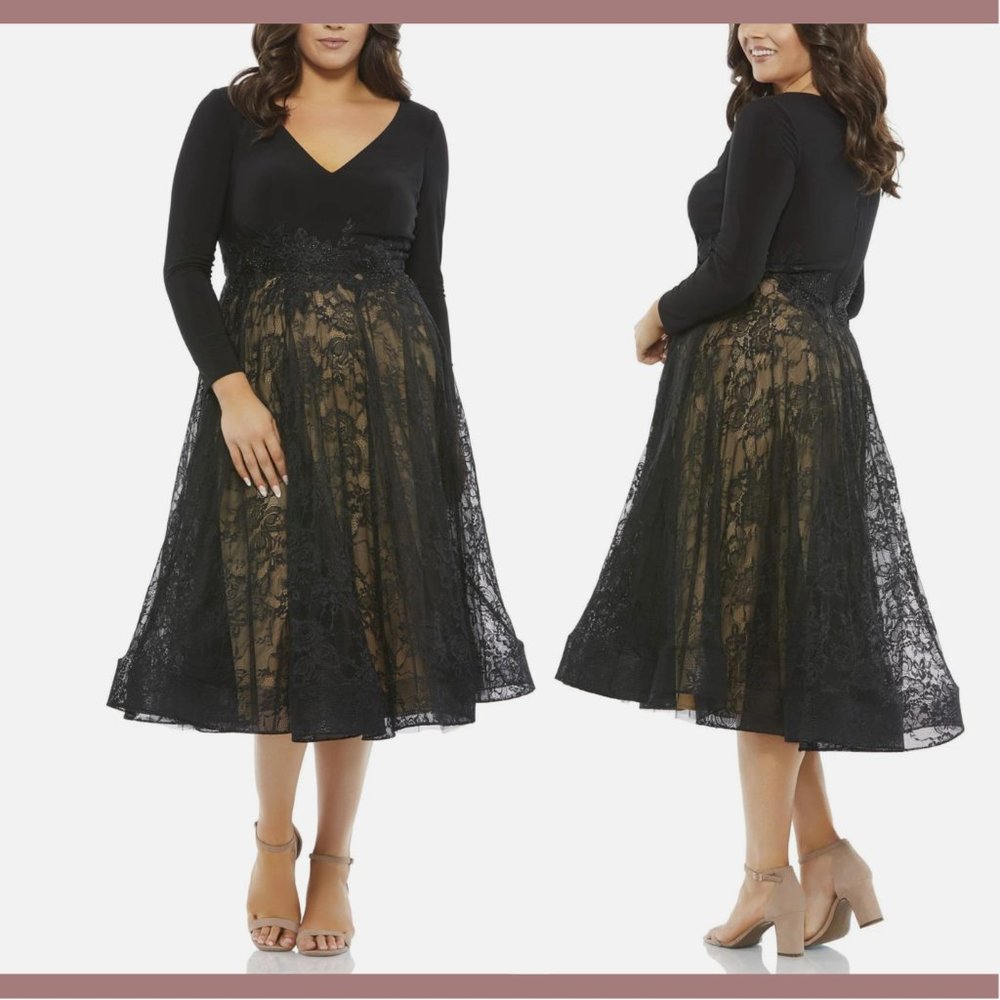 NWT $398 Mac Duggal [ PLUS‎ 20W ] Long Sleeve Jersey & Lace Cocktail Dress Black